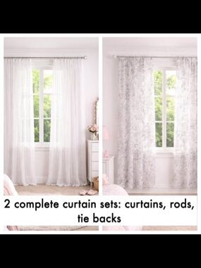2 Complete Window Sets: Curtains, Rods, Tie Backs